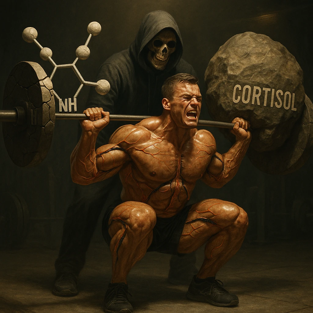 hyperrealistic scene of a muscular male bodybuilder squatting with a barbell loaded with cracked serotonin molecules and large boulders labeled 'cortisol', veins visibly pumping oil instead of blood, spotter behind him is Death disguised as a coach, dramatic lighting, detailed, symbolic, emotional realism emoji