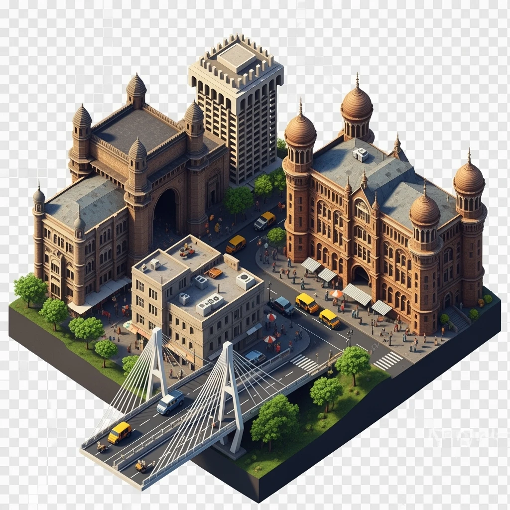 Isometric miniature of Mumbai, 3D miniature effect and Tilt Shift effect, no cartoonish look, transparent background. emoji