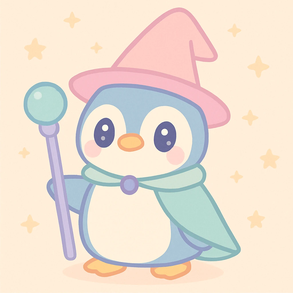 a penguin dressed as a wizard, with a pointy hat and a magic staff, in a fun and whimsical style emoji
