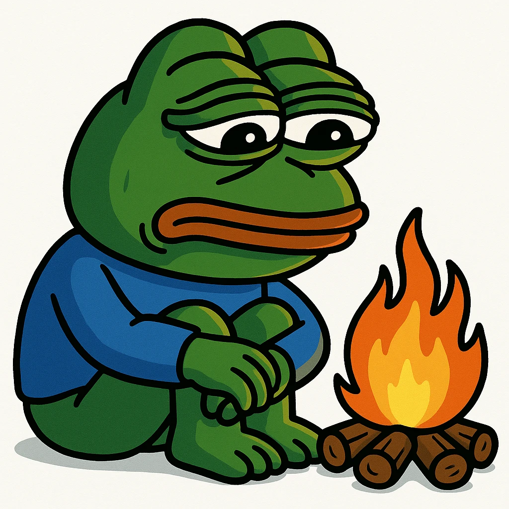 3D style Pepe the Frog sitting by a campfire, looking sad emoji