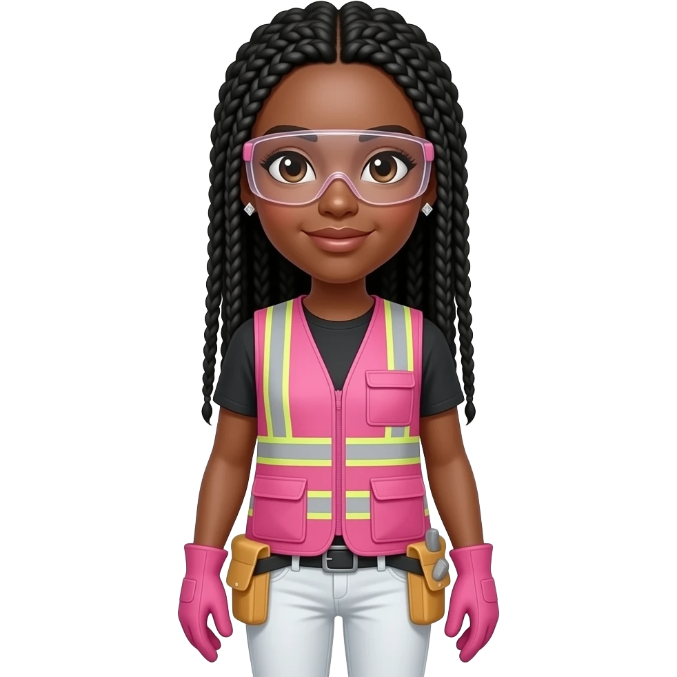 Light skin complextion woman with brown eyes with long black box braids wearing diamond earrings wearing pink and clear safety glasses wearing a pink construction vest wearing white pans wearing pink construction vest wearing white pants wearing pink construction gloves emoji