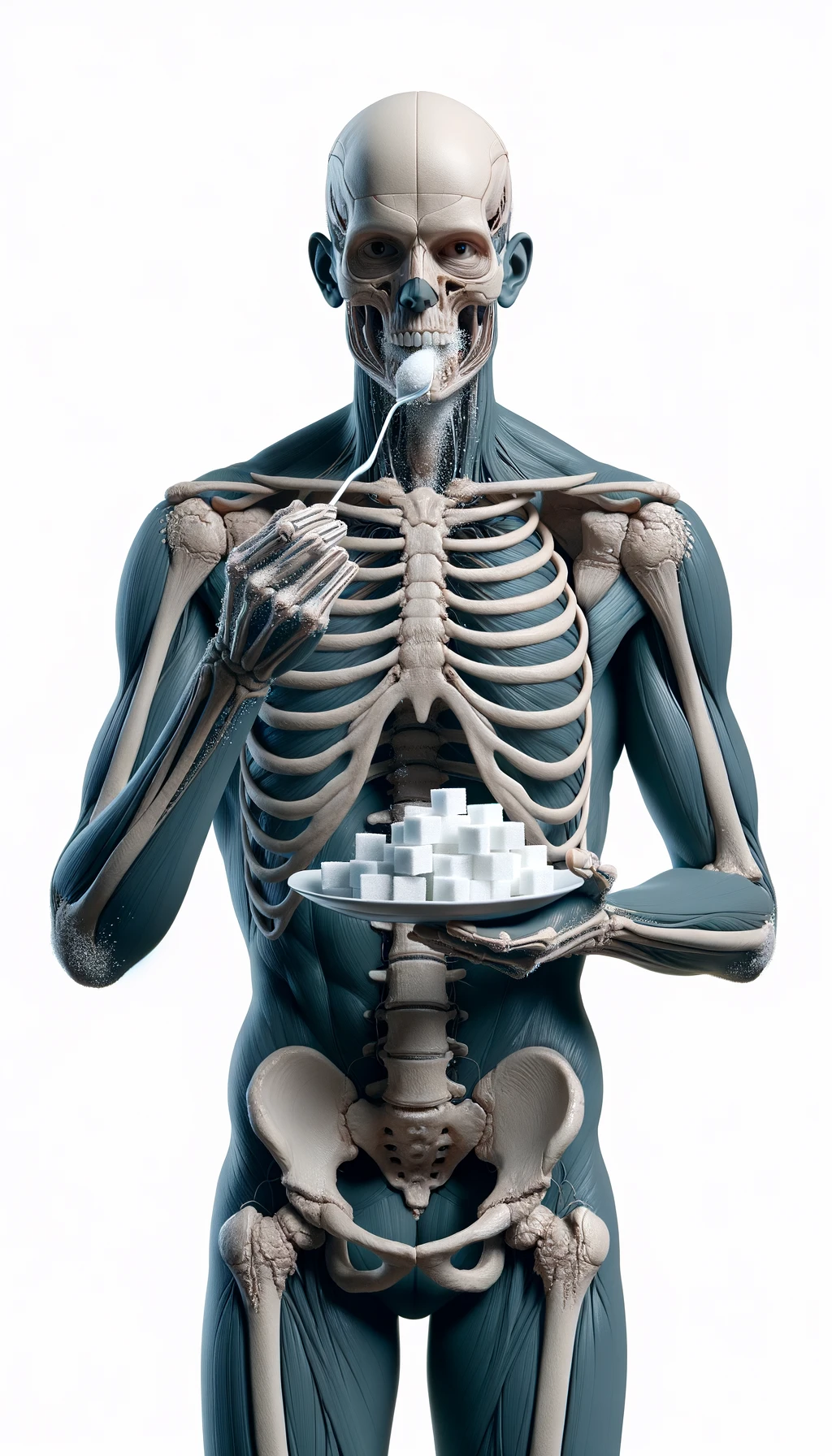 corpo umano anatomico in piedi a figura intera che mangia zollette di zucchero, posa frontale, iperrealistico 4k, isolato su sfondo bianco emoji