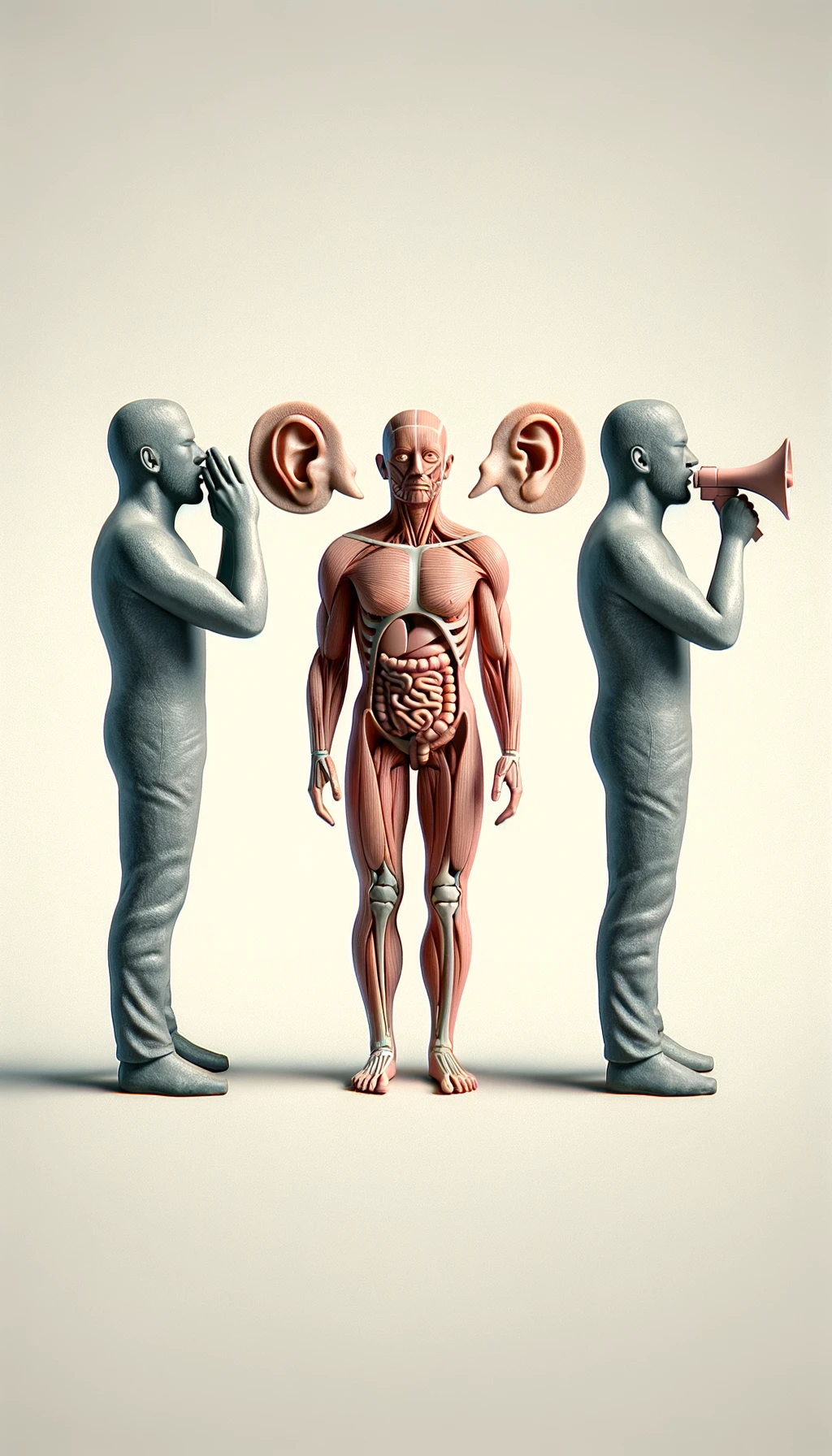 corpo umano anatomico che parla ma sopra di lui c'è il muto, un altra persona lo ascolta emoji