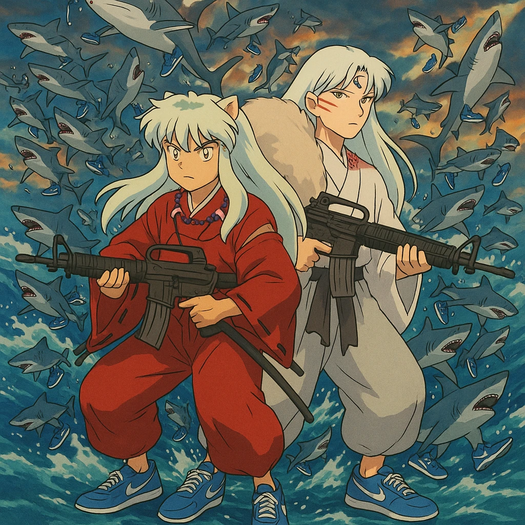 Inuyasha and sesshomaru take m16a4 vs 1 million shark They wear shoes blue Nike and all sharks They wear shoes Nike die emoji