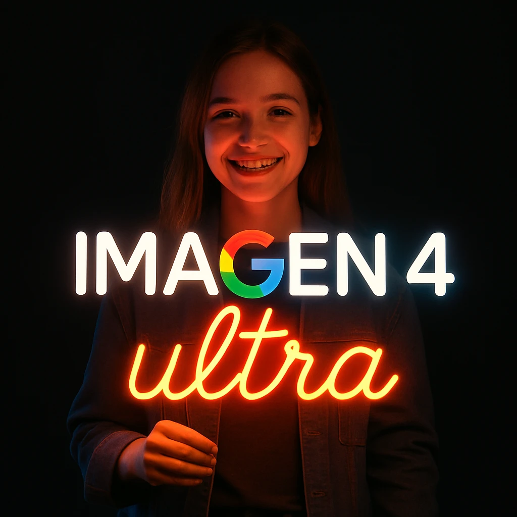 make a girl holding this sign, but sign in made of neon, also add ultra below the sign emoji