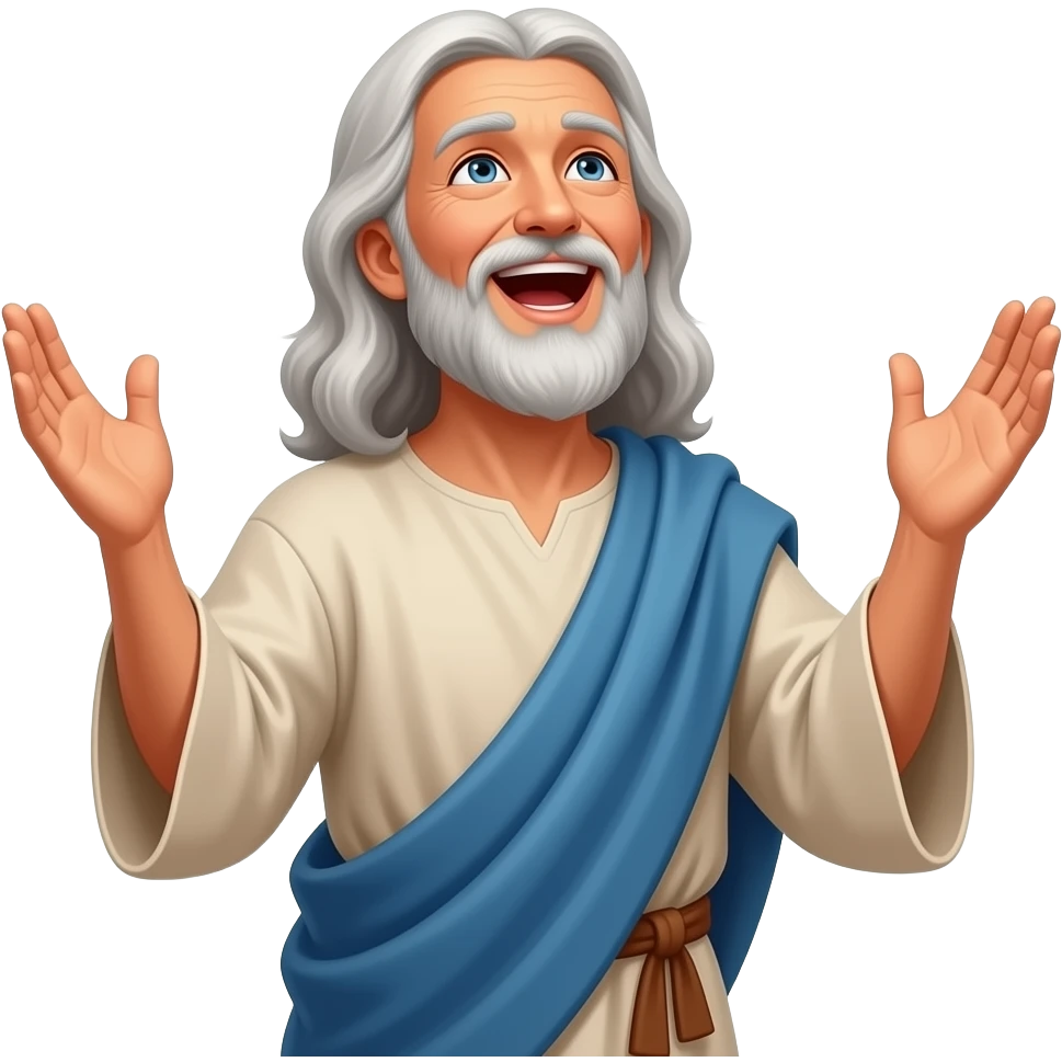 An old man wearing clothing from ancient biblical times looking up at God with his hands stretched out with a look of joy on his face singing praises to God emoji