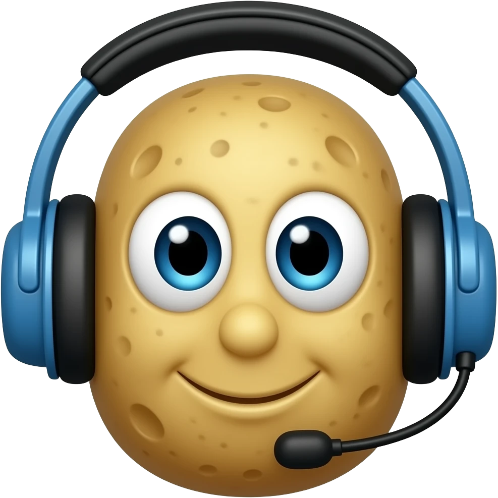 Potato with eyes and mouth wearing blue and black headphone emoji