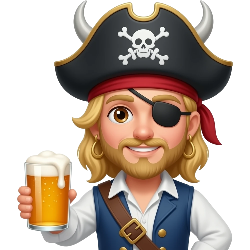 Pirata rubio, ojos cafés, parche en el ojo, gorro garfio con cerveza hombre emoji