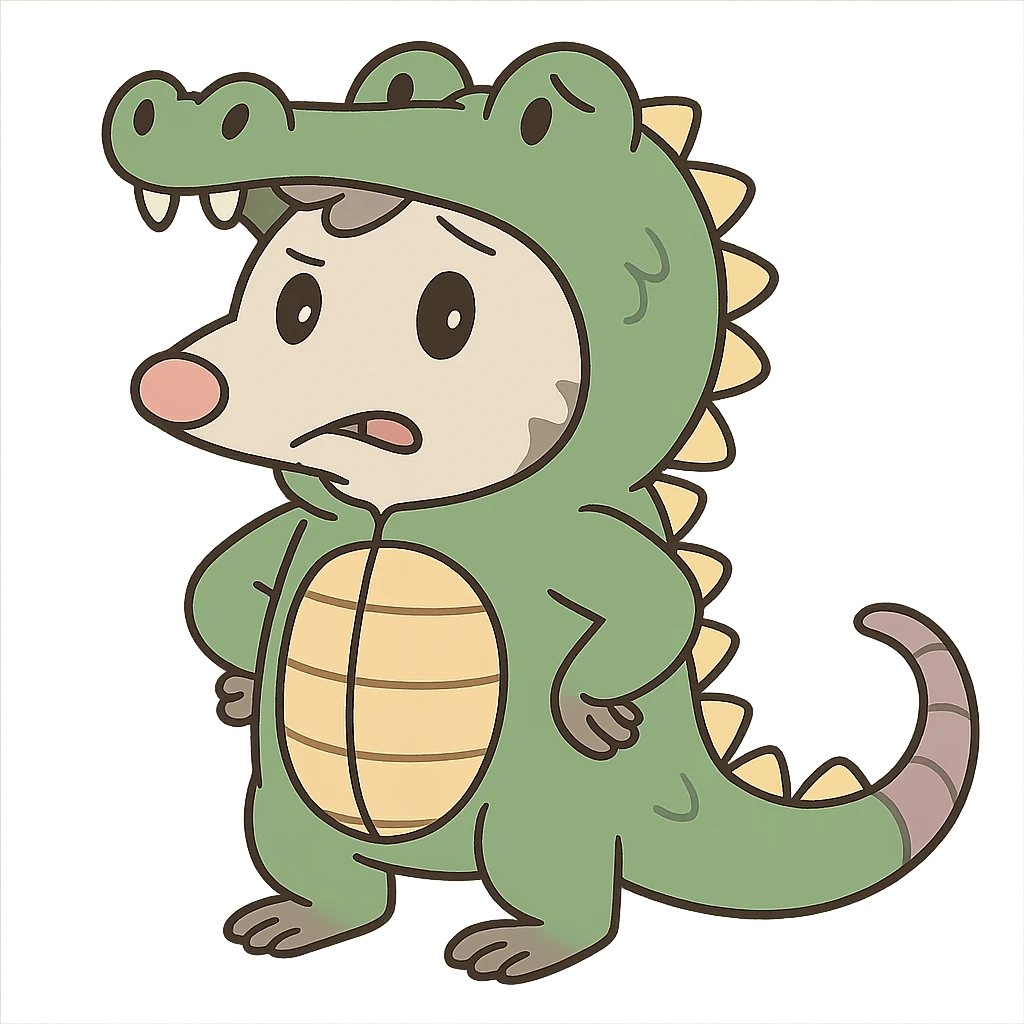 cute cartoon possum dressed up like an alligator emoji