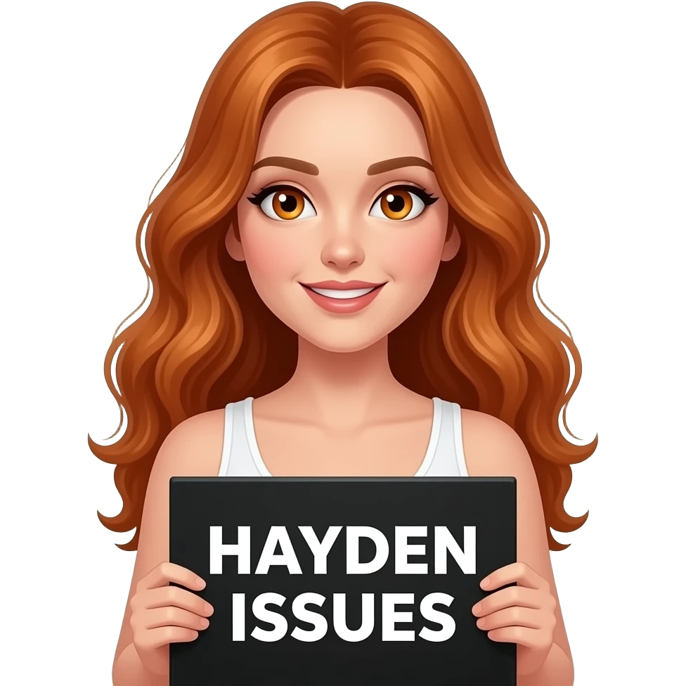 sexy girl with long wavy ginger hair and ginger eyes wearing a white tanktop is holding a black colored sign with HAYDEN ISSUES written on it emoji