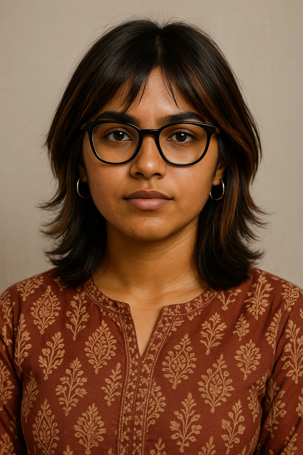 a 19-year-old girl with tan skin, shoulder-length wolfcut hair dark brown with hazel highlights, black bowline spectacles, silver hoop earrings, wearing a kurti, confident look emoji