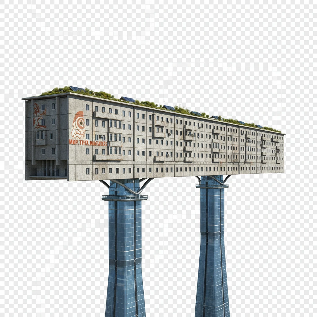 Удлиненная панелька в стиле, если бы ее строили в позднем СССР в 2025 году. Стоит на двух высоких небоскребах, которые как опоры держат ее на себе.

Фотореализм. Абсолютно прозрачный фон emoji