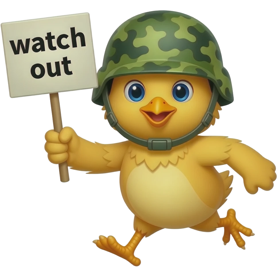Chick with green camo army helmet on its head running with sign that says watch out emoji