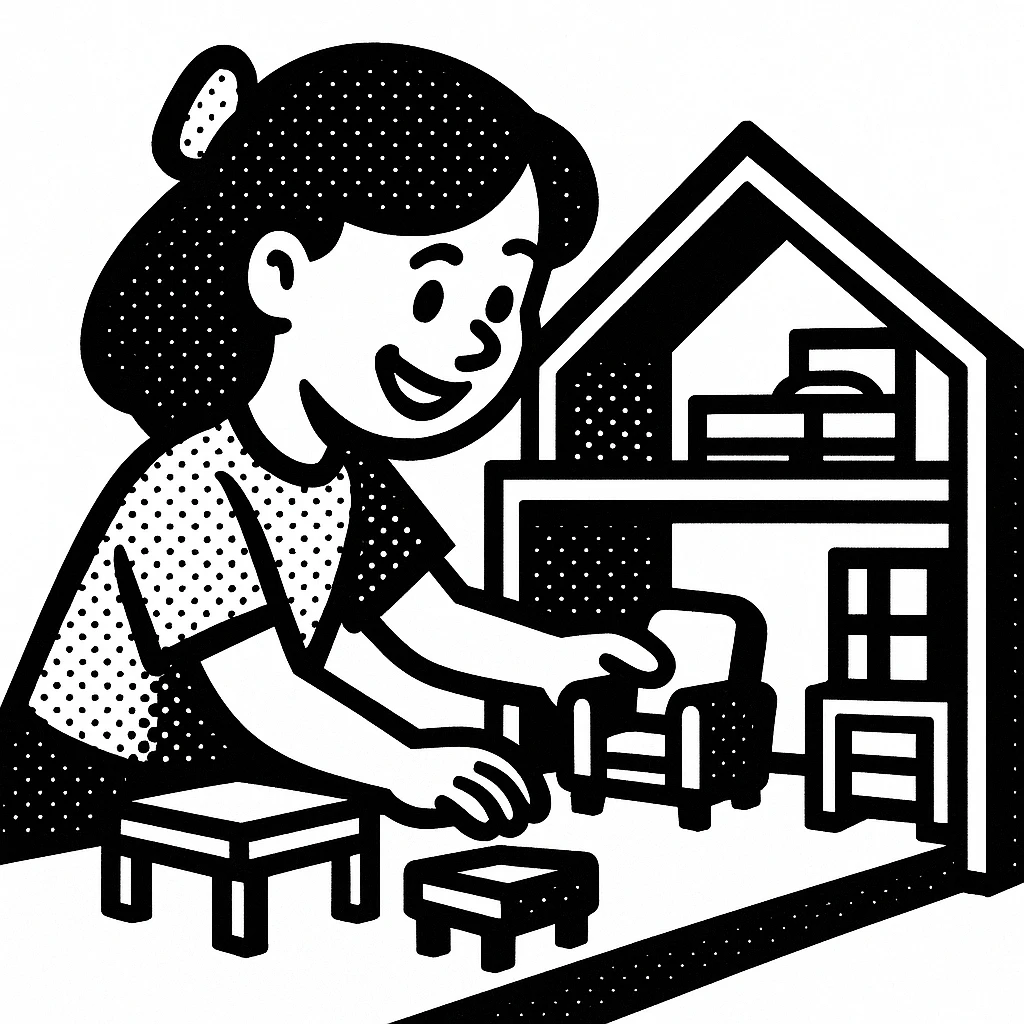 smiling girl arranging furniture in doll house emoji