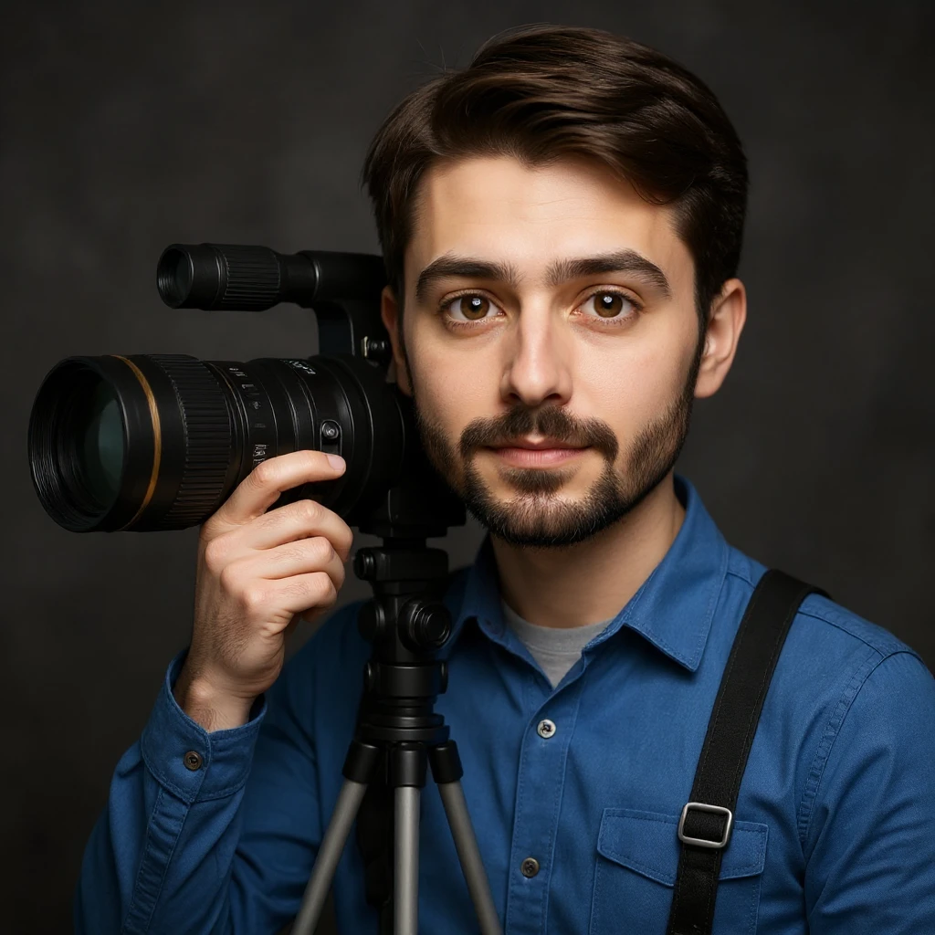 Make the photographer have dark hair and a medium size beard, keep the telezoom lens, and no background. emoji