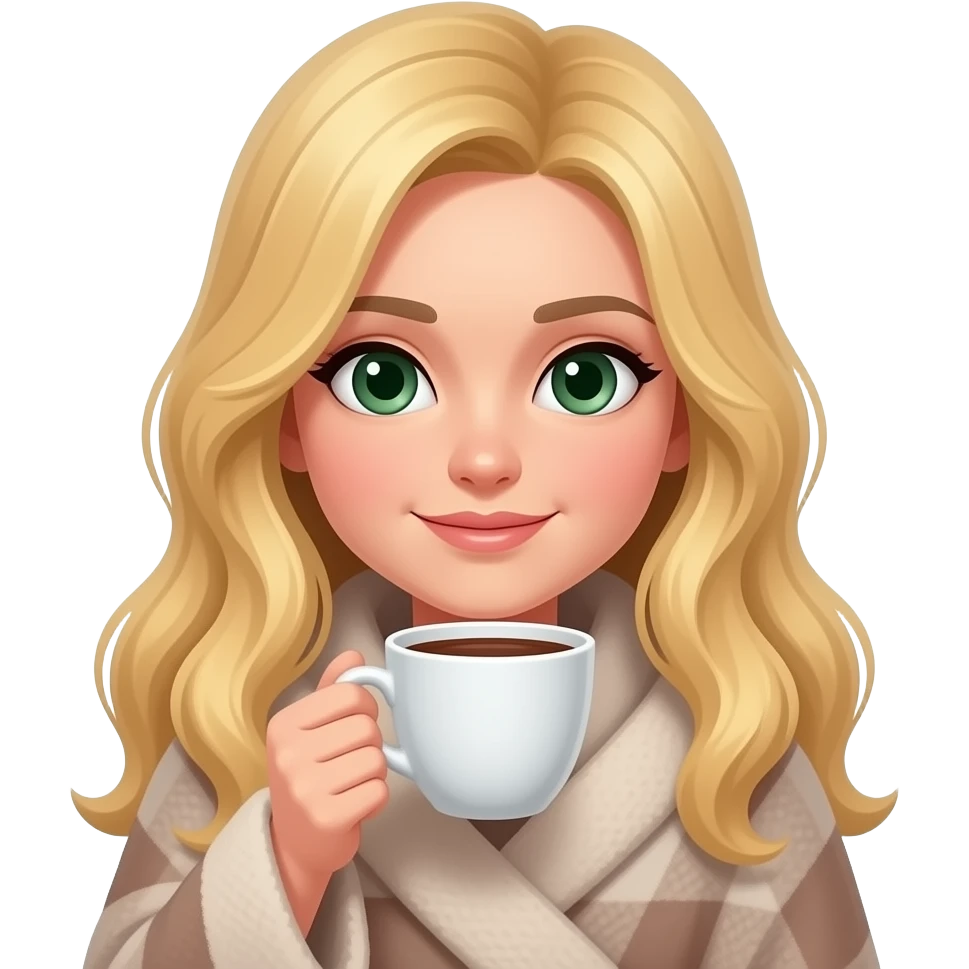 loira cabelo um pouco escuro com luzes, e mais longo, do olho verde um pouco escuro, tomando um chá de cachê, enrolada em uma coberta quentinha emoji