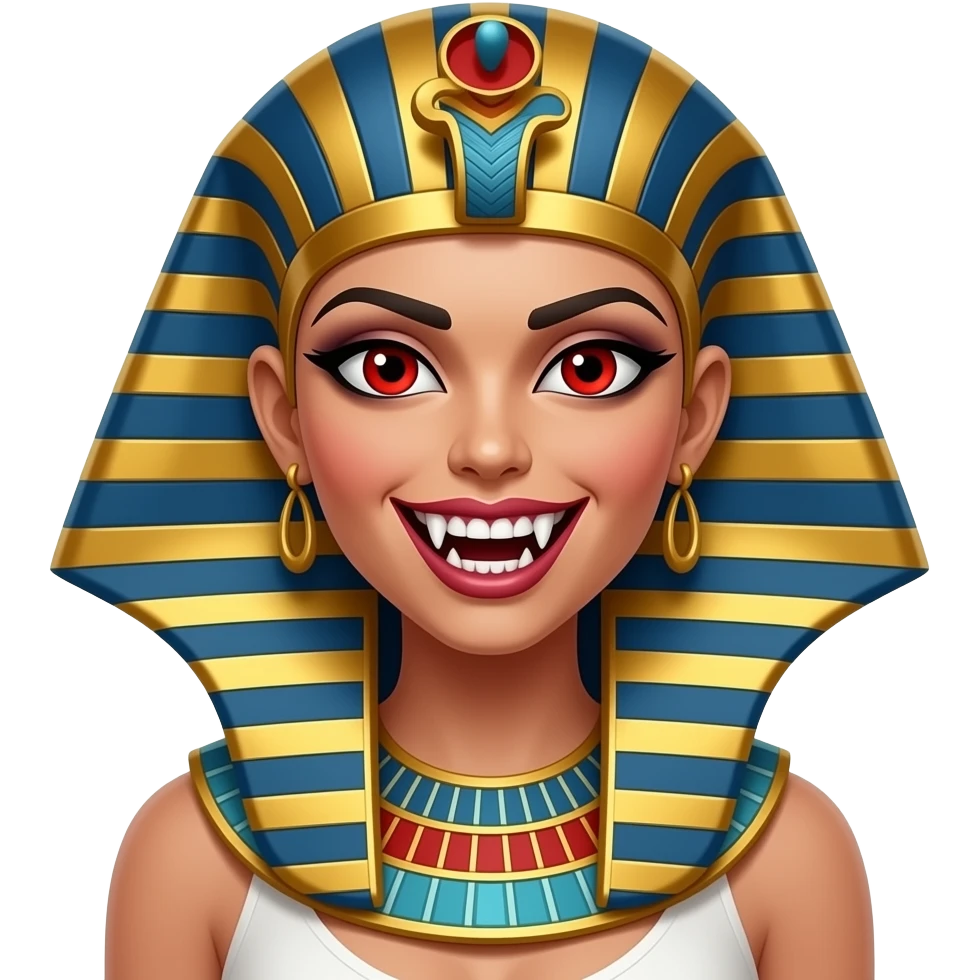 female Egyptian Vampire with visible very big fangs, red eyes emoji