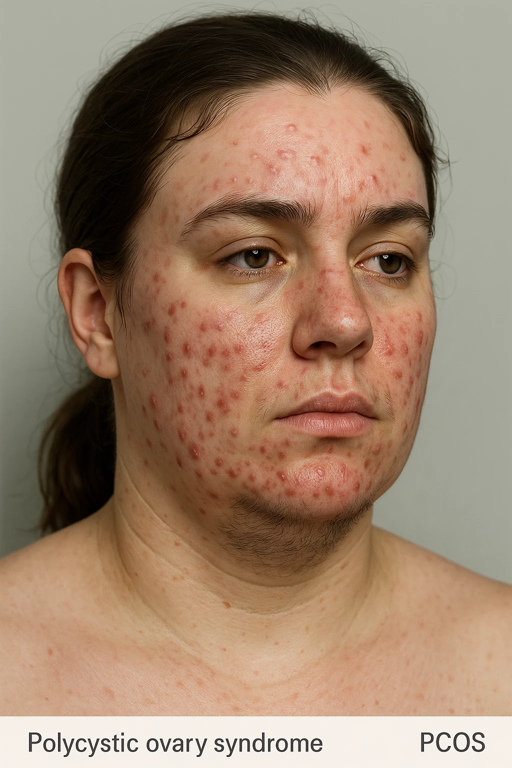 realistic 3D medical portrait of a woman with polycystic ovary syndrome (PCOS), evident acne and hair under chin, clinical style, anatomical details, aspect ratio 2:3 emoji
