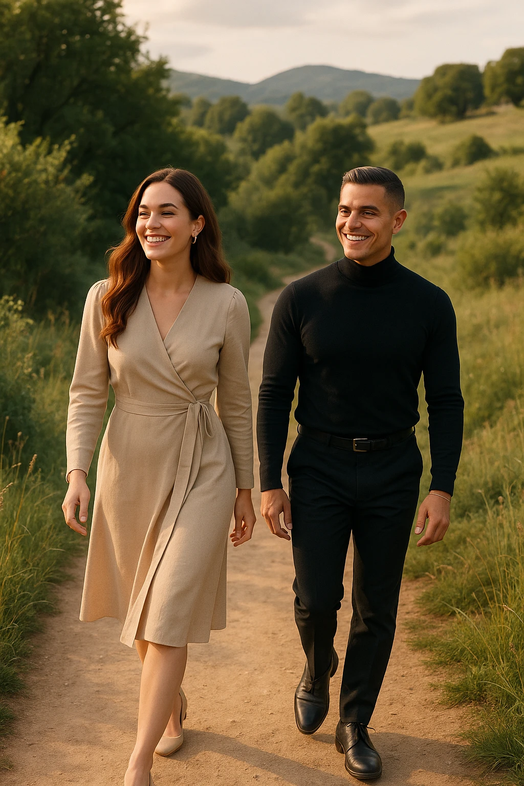 a man and a woman walk together along a winding path in a natural landscape. In one version, the woman leads confidently while the man follows a few steps behind, looking at lei con ammirazione. In un’altra versione, i ruoli sono invertiti, con l’uomo che guida e la donna che lo segue sorridendo. La scena trasmette l’idea che entrambi possano guidare o seguire, a seconda del momento. emoji