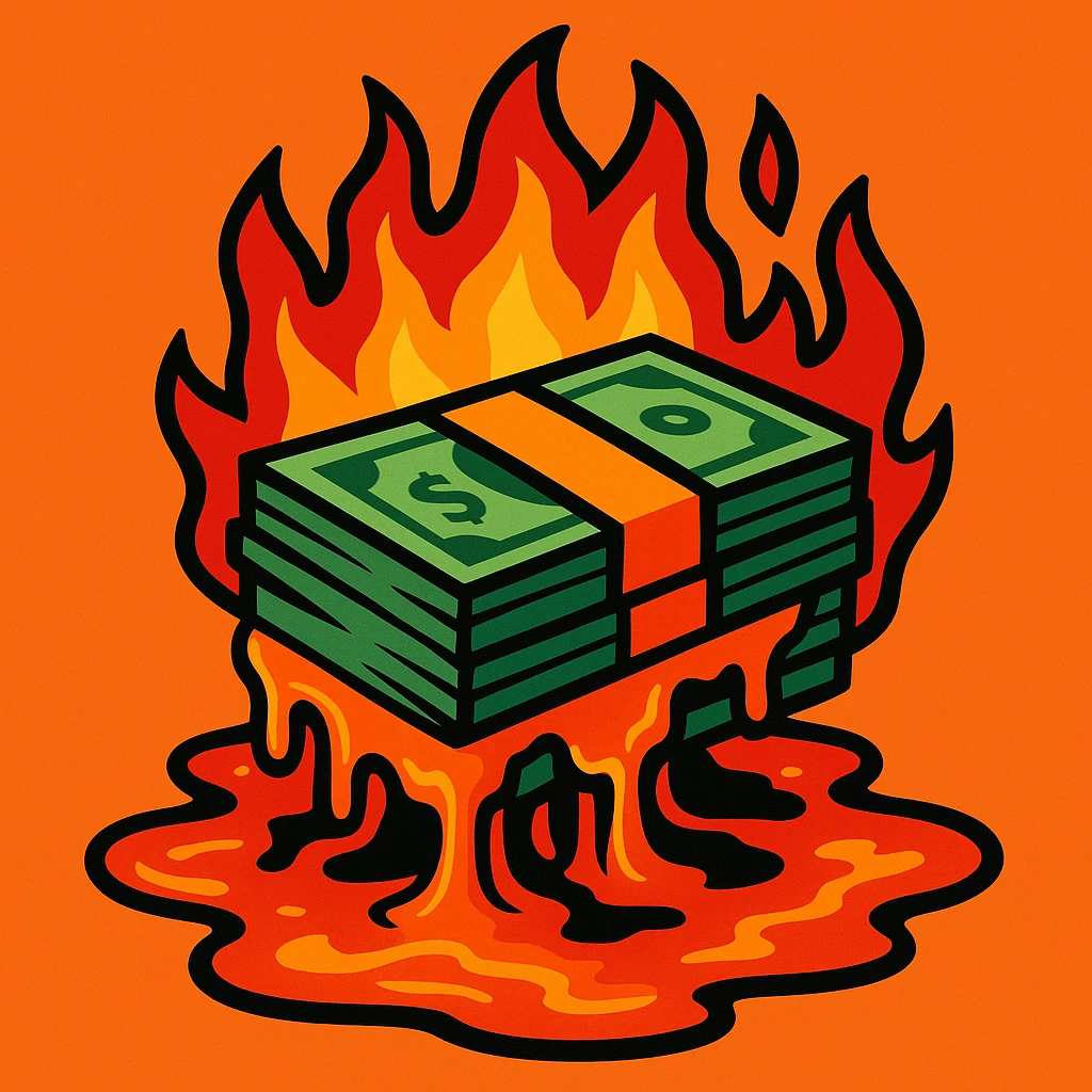 a stack of cash on fire, turning into molten lava, dynamic, bold emoji