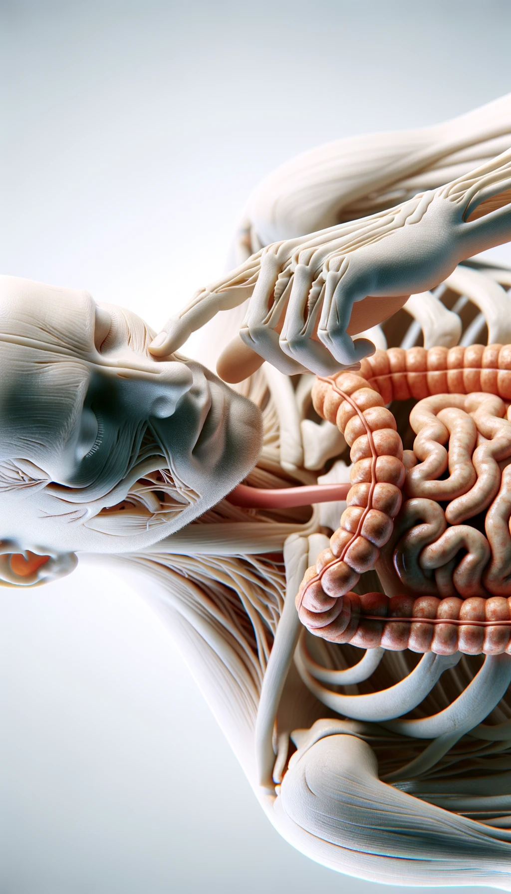 corpo umano anatomico che si tocca l'intestino con gli occhi chiusi, sfondo chiaro, iperrealistica 4k emoji