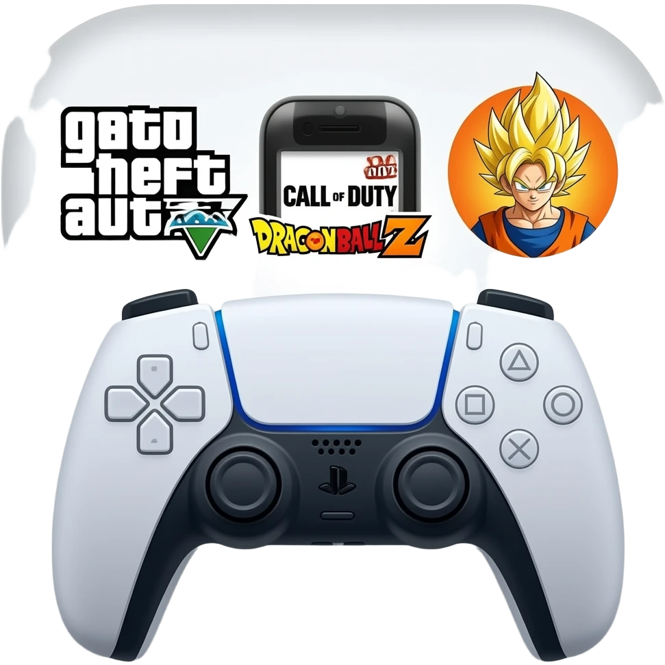 icone avec a l interieur des icone de jeu gta call off duty et dragon ball z et une mannette ps5 devant emoji