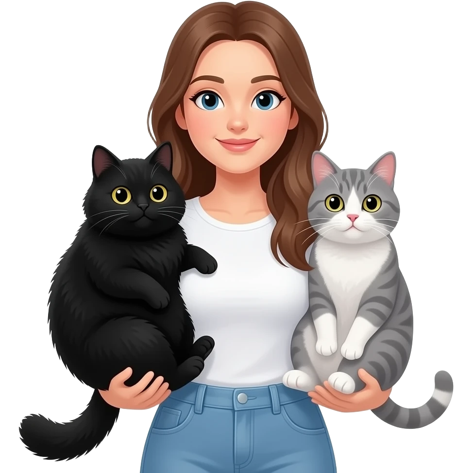 Tall thin white woman with long brown hair with a fat black poofy cat and a big gray short haired cat emoji
