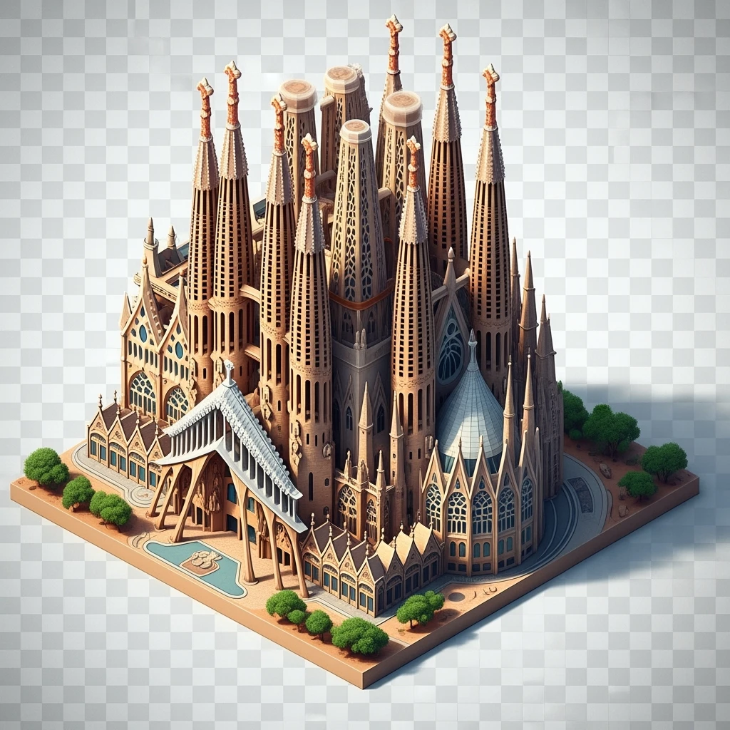 Isometric illustration photorealistic Sagrada Familia, highly detailed in semi-realistic style, balanced between stylized and realistic, 3D miniature effect, transparent background. emoji