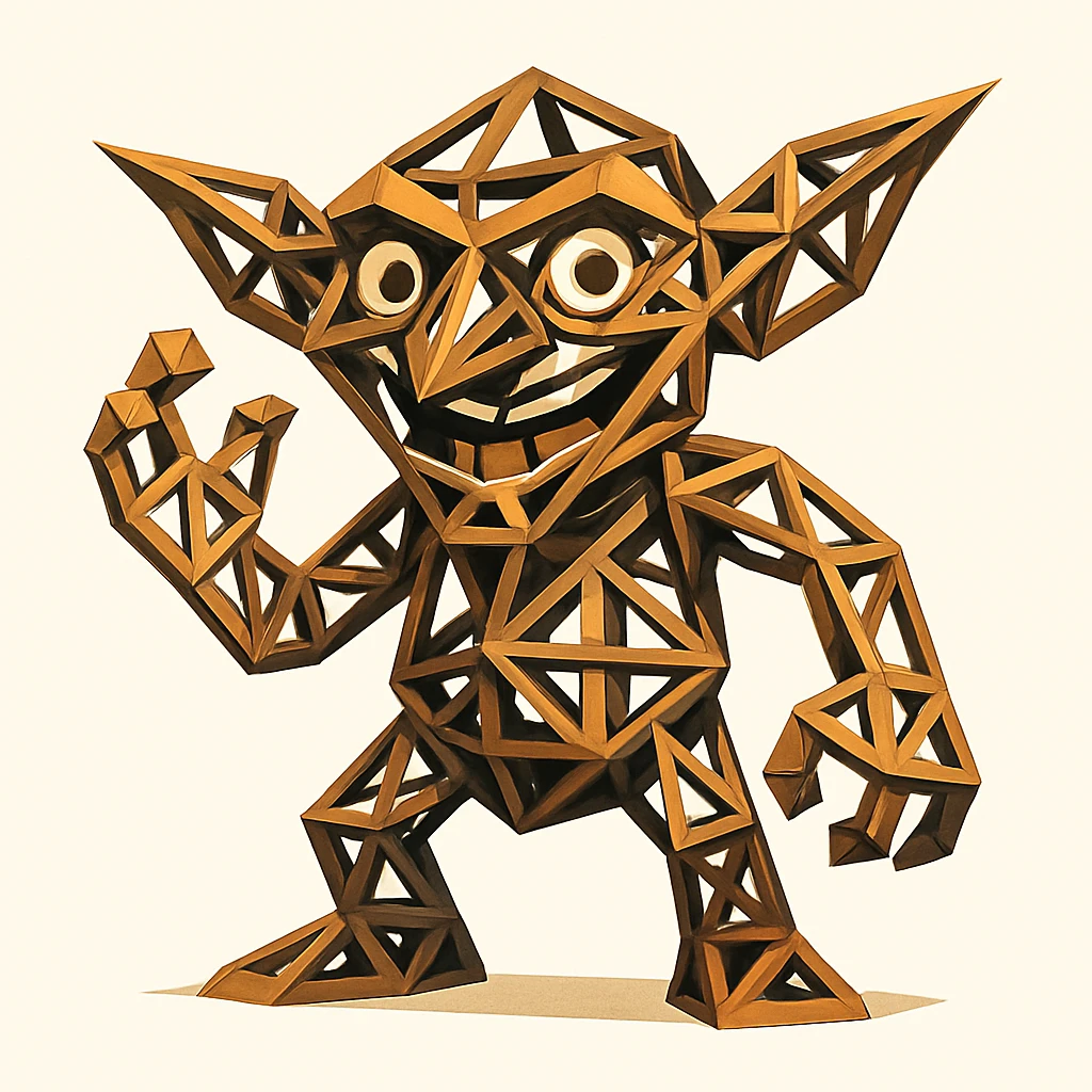 an architectural goblin constructed from geometric truss beams with a playful expression, white background emoji