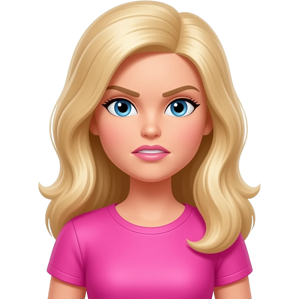 barbie character wearign a pink shirt with sleeves with an angry expression emoji
