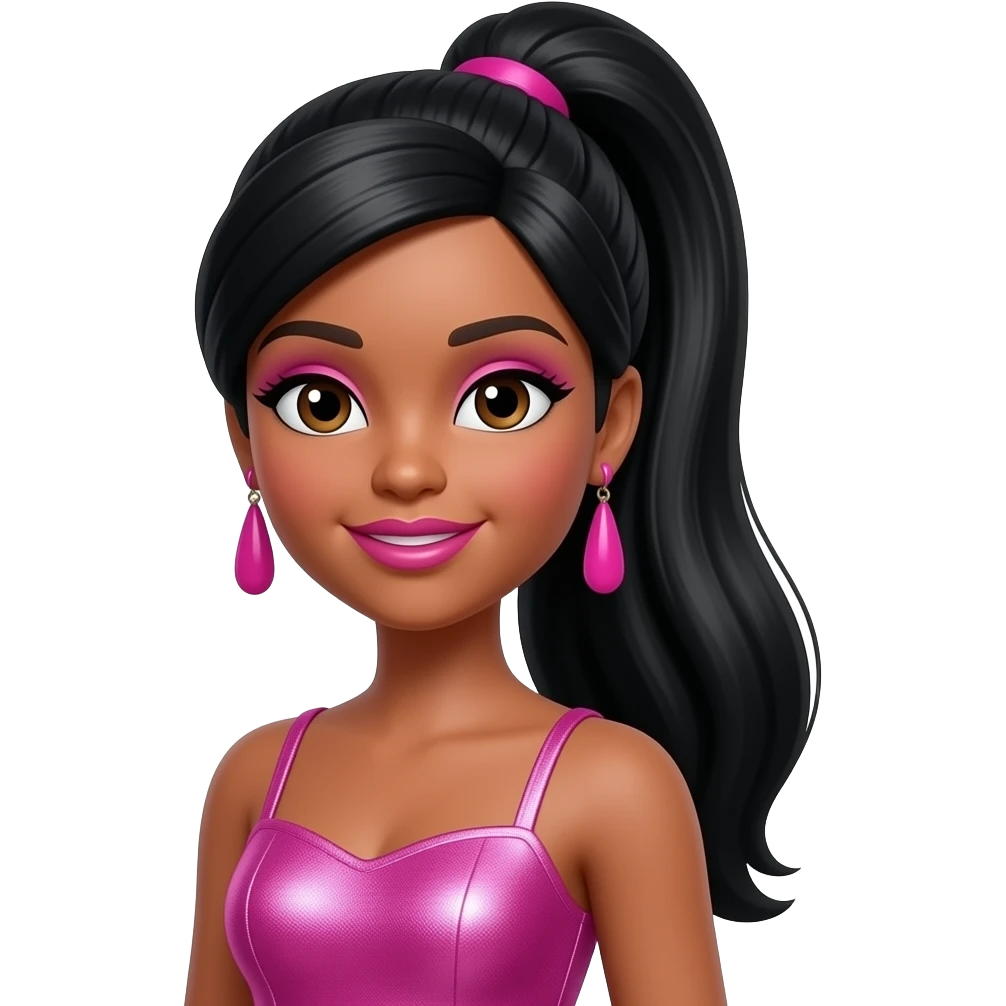 Christie from Barbie and Friends with dark brown eyes, long black high ponytail hair, pink eyeshadow, pink lipstick, pink metallic halter dress, pink earrings emoji