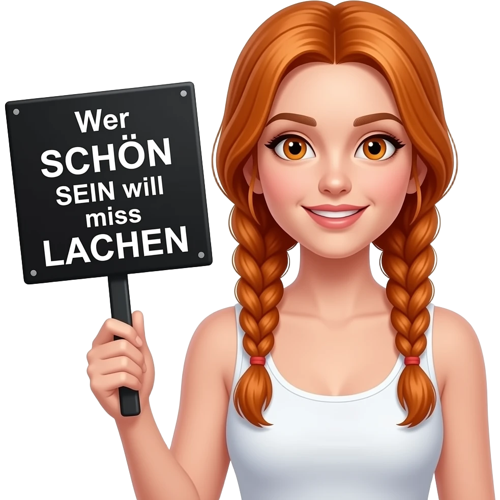 sexy girl with long ginger braids and ginger eyes wearing a white tanktop is holding a black sign with Wer SCHÖN SEIN will muss LACHEN written on it emoji