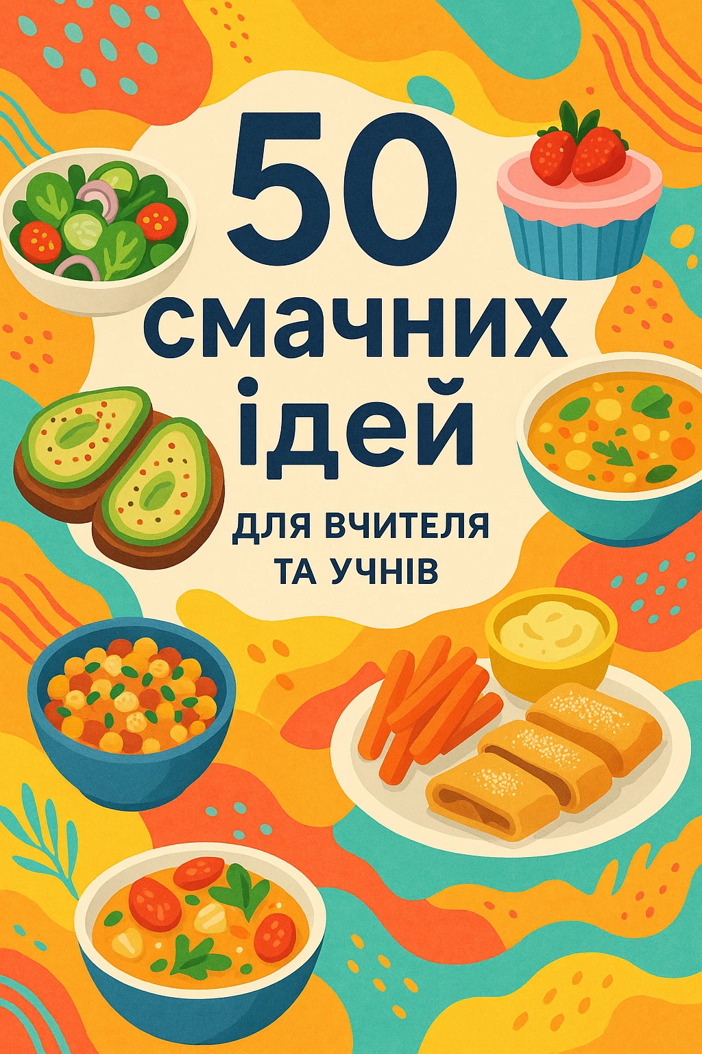 Cover of a guidebook with Ukrainian text: '50 смачних ідей для вчителя та учнів'. Modern style, focus on diverse dishes, colorful background, friendly atmosphere, large letters. emoji
