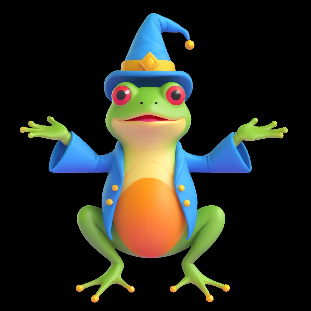 frog wizard shrugging, magical hat, fantasy, vibrant colors emoji