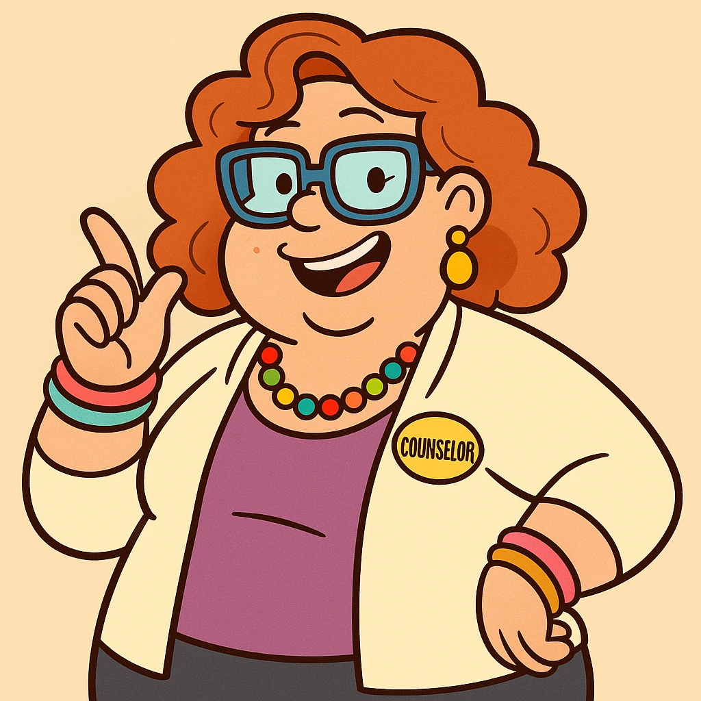 fun high school female counselor, curly red shoulder-length hair, blue glasses, overweight, playful grin, relaxed pose, colorful accessories emoji