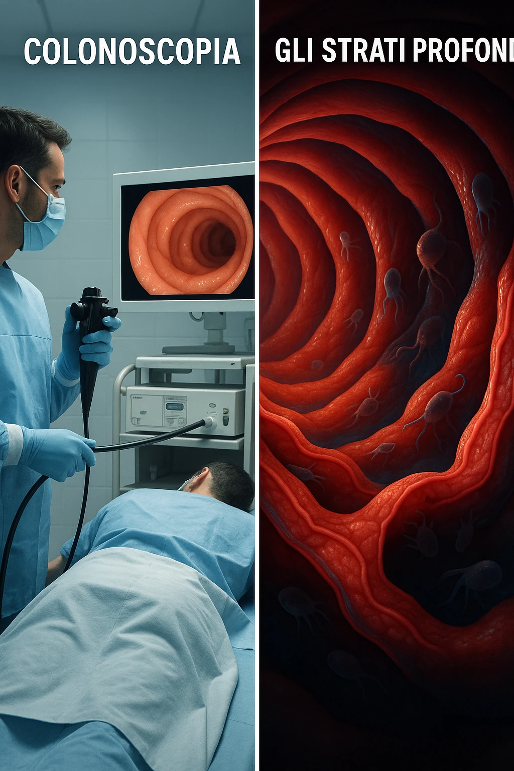 A split-screen medical illustration in cinematic style: on the left side, a doctor performing a colonoscopy on a patient in a sterile clinic, with the endoscopic camera displaying clean, healthy mucosal surfaces on a screen. On the right side, a symbolic cross-section of the same intestine — but shown in deeper layers beneath the surface, where parasitic organisms (small, translucent or shadowy figures) hide between folds and tissues not visible via standard scope. The contrast is clear: what is seen vs. what remains hidden. Lighting on the left is bright, sterile, clinical; lighting on the right is darker, with red and blue tones to suggest inflammation and invasion. Shot in hyper-realistic 3D medical style, educational but emotionally charged IN ITALIANO emoji