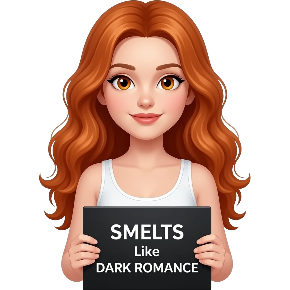sexy girl with long wavy ginger hair and ginger eyes wearing a white tanktop is holding a black colored sign with SMELLS like DARK ROMANCE written on it emoji