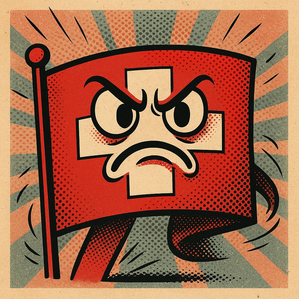an angry Swiss flag with expressive angry eyes and a frowning mouth, bold cartoon style emoji