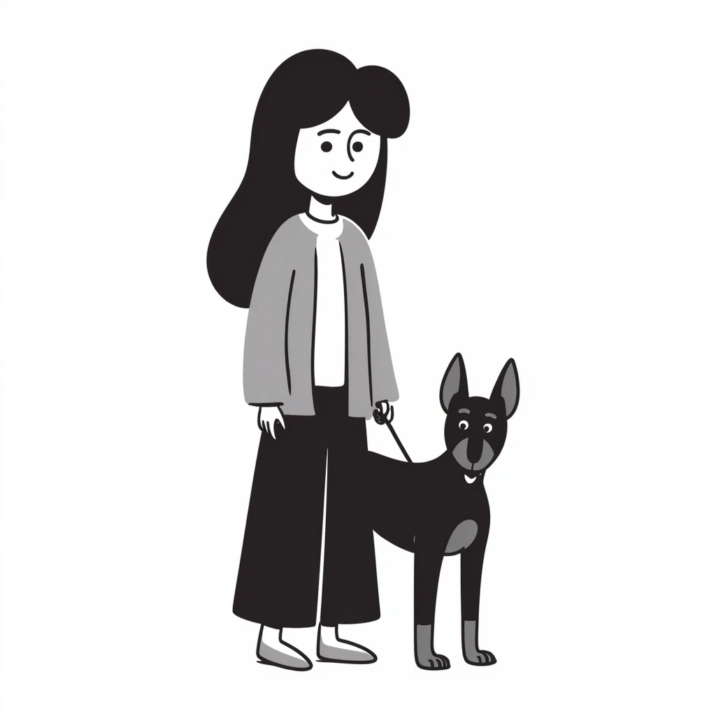 A long black hair Asian girl with a Doberman emoji