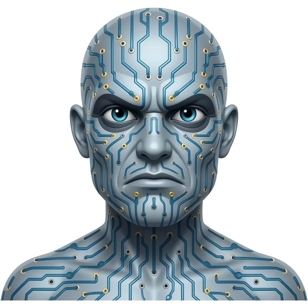 The image features a stylized prehistoric and frowning portrait of Blaze Bayley with silver-blue skin covered in computer circuitry. emoji