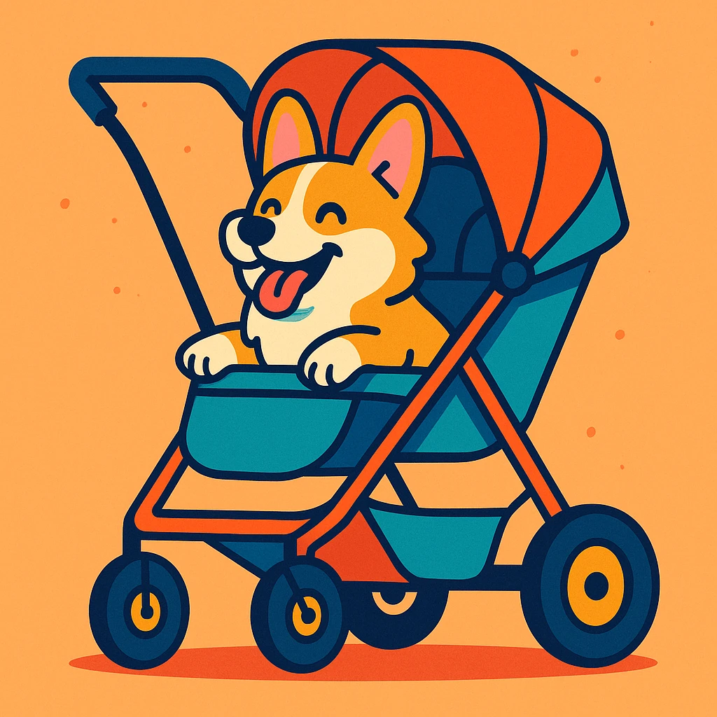 a happy corgi in a modern dog stroller, cartoon style, vibrant colors emoji