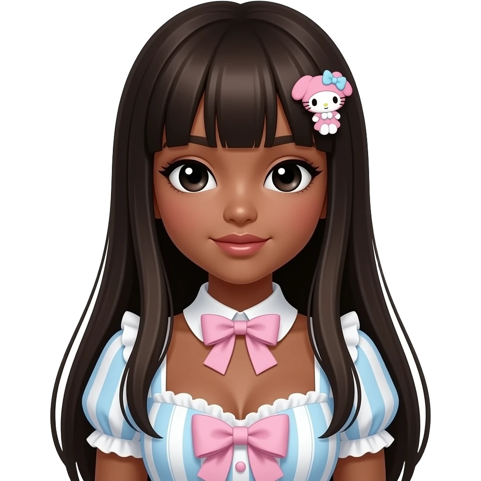 Dark brown skin, Gyaru makeup, my melody hairclip, cutecore, doll eyes, Doll, big chest, dark brown skin, with straig htened long dark brown hair, black cute eyes, cute lips with Gyaru outfit emoji