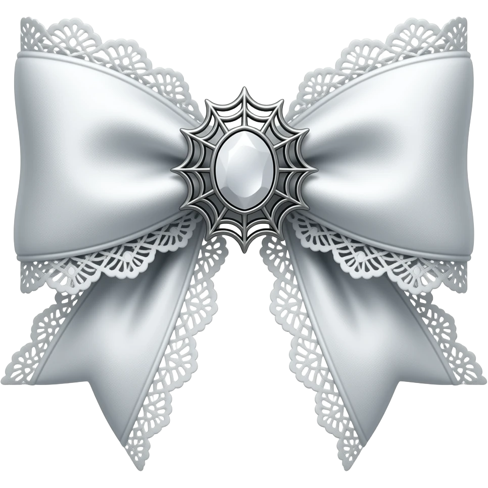 3D emoji gothic bow, white velvet, silver filigree, white lace trim, white gem, elegant metal frame on the gem, spiderweb brooch emoji