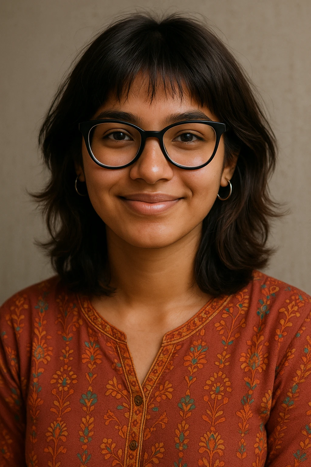 portrait of a 19-year-old girl with tan skin, shoulder-length wolfcut hair dark brown with slightly hazel highlights, wearing black bowline spectacles, silver hoop earrings, and a kurti, friendly expression emoji
