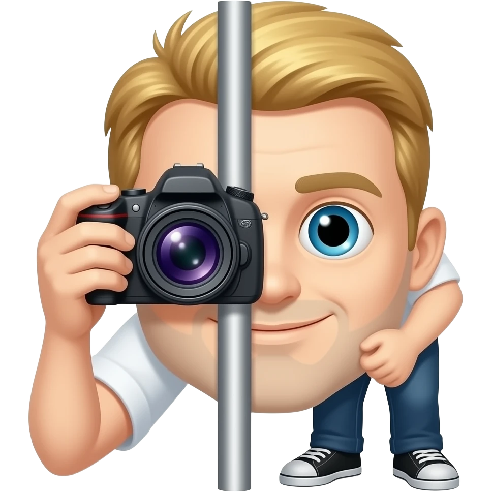 Personne penché en train de tenir une caméra derrière un poteau emoji