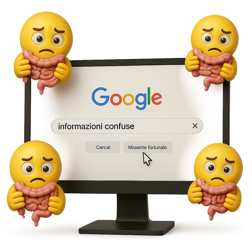 SCHERMO DI PC CON LA SCRITTA "informazioni confuse" SULLA BARRA DI RICERCA GOOGLE SULLO SCHERMO E IL CLICK DEL MOUSE SULLA SCRITTA CERCA, stile emoji iphone fluttuano in aria stringendo in mano un pezzo di colon intestinale, iperrealistico 4k emoji