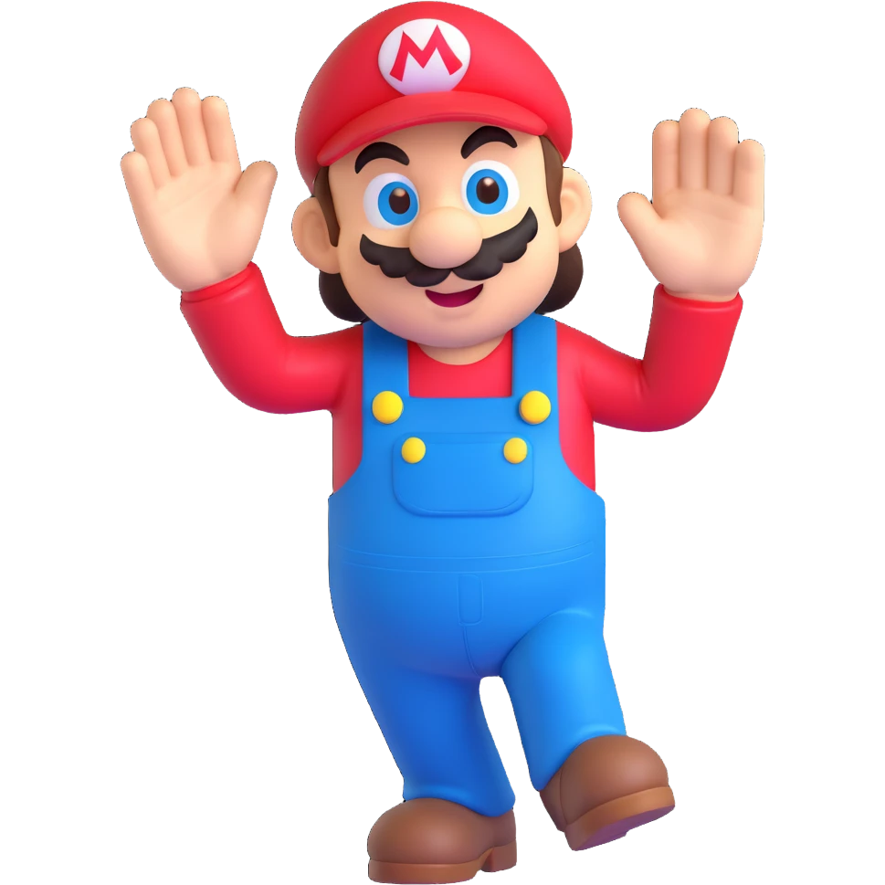 Mario in 3D style, red hat and blue overalls, strong three-dimensional sense, modern animation texture, waving action emoji