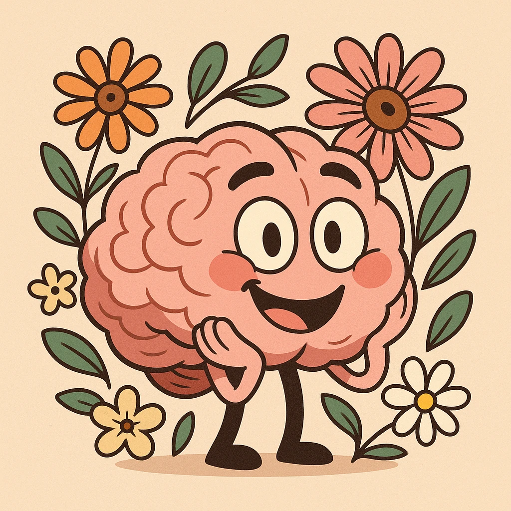 cartoon style, smiling brain surrounded by flowers, positive atmosphere, mental health emoji