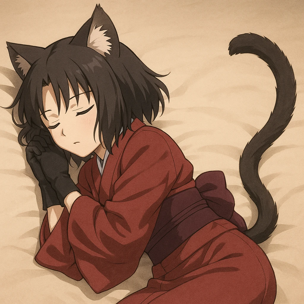 Ryougi Shiki with cat ears and cat tail, sleeping peacefully, signature outfit emoji