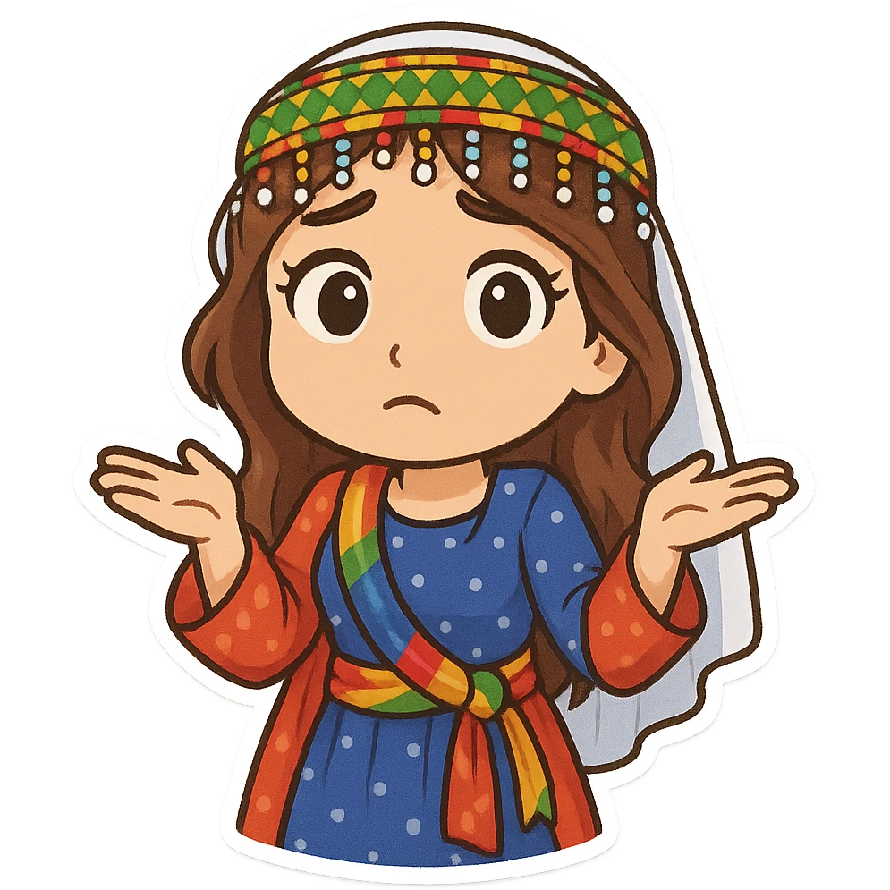Create a colorful and cheerful cartoon sticker of a Kurdish woman wearing traditional Kurdish female clothing. The face should have an indifferent or 'I don't know' expression. Both hands are open and shoulders are exaggeratedly raised. The image should have no shadows or color halos around it, no text, and a completely transparent background. Suitable for WhatsApp and Instagram. emoji